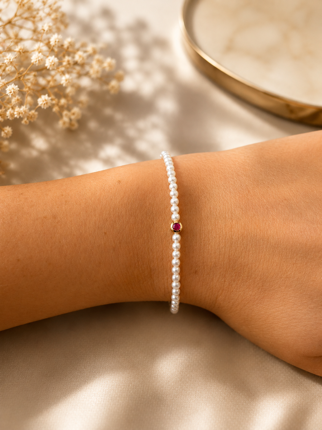 Pulsera De Perlas Con Rubí Biselado