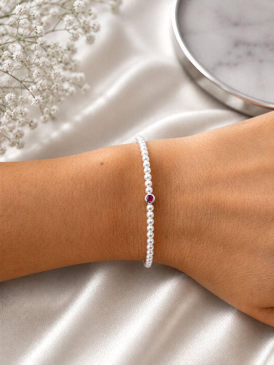 Pulsera De Perlas Con Rubí Biselado