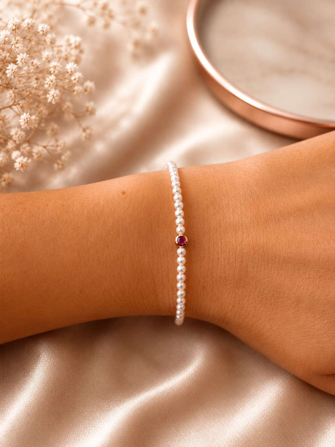 Pulsera De Perlas Con Rubí Biselado