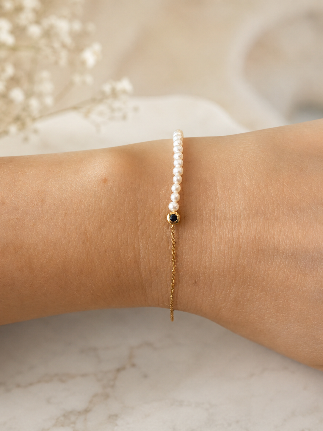 Pulsera De Perlas y Cadena Con Diamante Negro