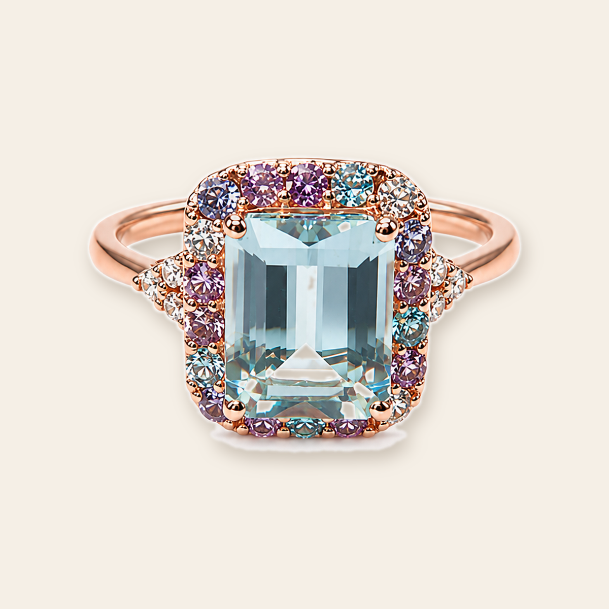 anillo catalina aguamarina amatista amatista rosa topacio azul tanzanita con diamantes fondo crema