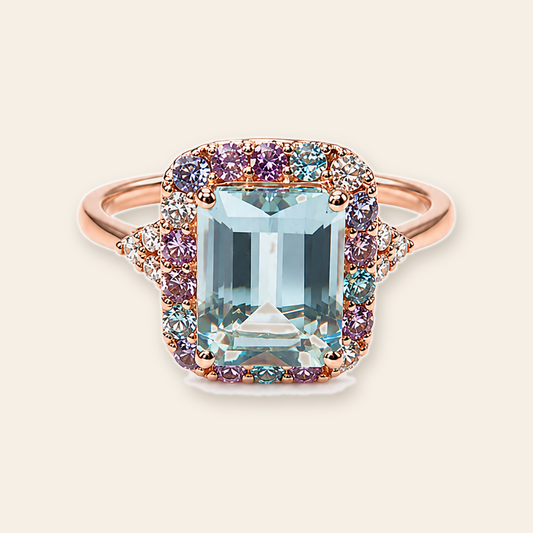 anillo catalina aguamarina amatista amatista rosa topacio azul tanzanita con diamantes fondo crema